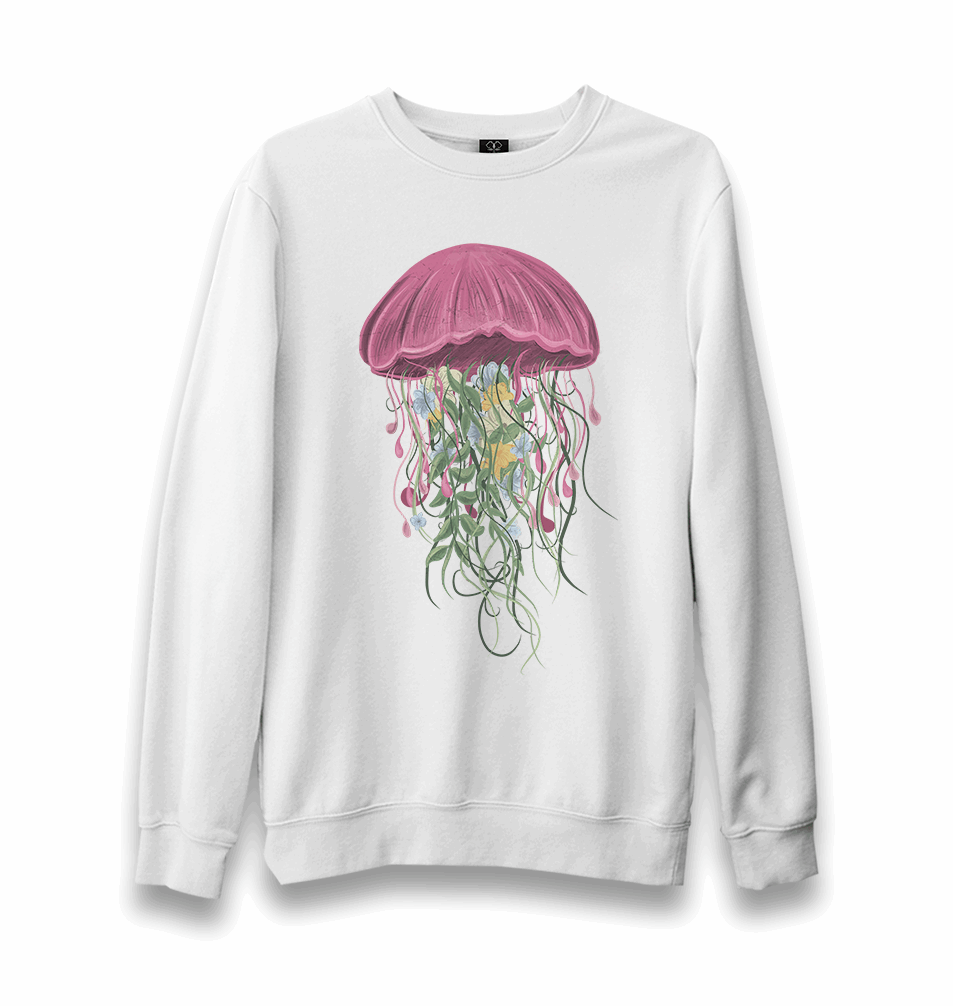 A Jellyfish with Floral Plant Tentacles Unisex White Sweatshirt - Premium Unisex Sweatshirt from W.E.N.S. WIND - Just 10990! Shop now at W.E.N.S. WIND