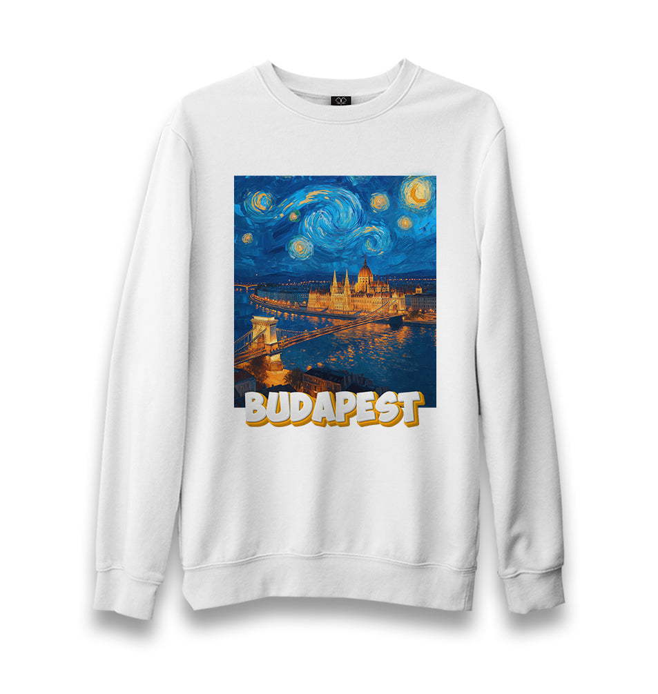 Budapest Van Gogh Style Parlament and Széchenyi Bridge - MB1649 Unisex White Sweatshirt - Premium  from W.E.N.S. WIND - Just 10990! Shop now at W.E.N.S. WIND