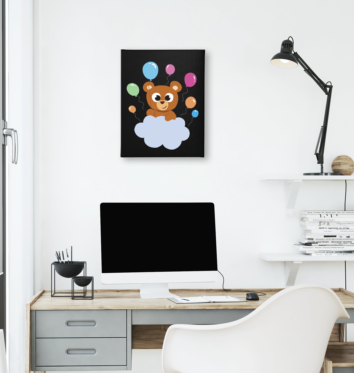 Baby Birthday Bear with Balloons Black Canvas Wall Art 35x40cm - Premium  from W.E.N.S. WIND - Just 7990! Shop now at W.E.N.S. WIND