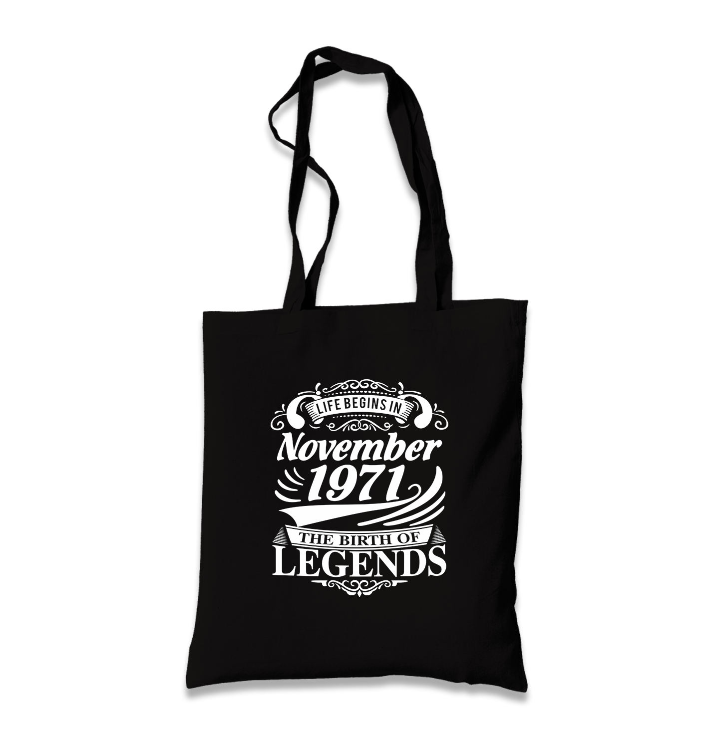 Life Begins in November 1971 Black Canvas Totebag - Premium  from W.E.N.S. WIND - Just 4990! Shop now at W.E.N.S. WIND