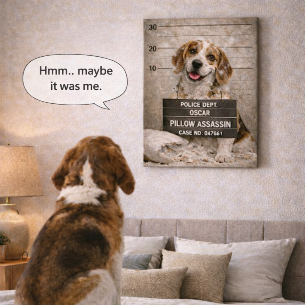 Personalized Dog Canvas Wall Art 30 x 40 cm “Pets Got Busted: Pillow Assassin” Pet Portrait