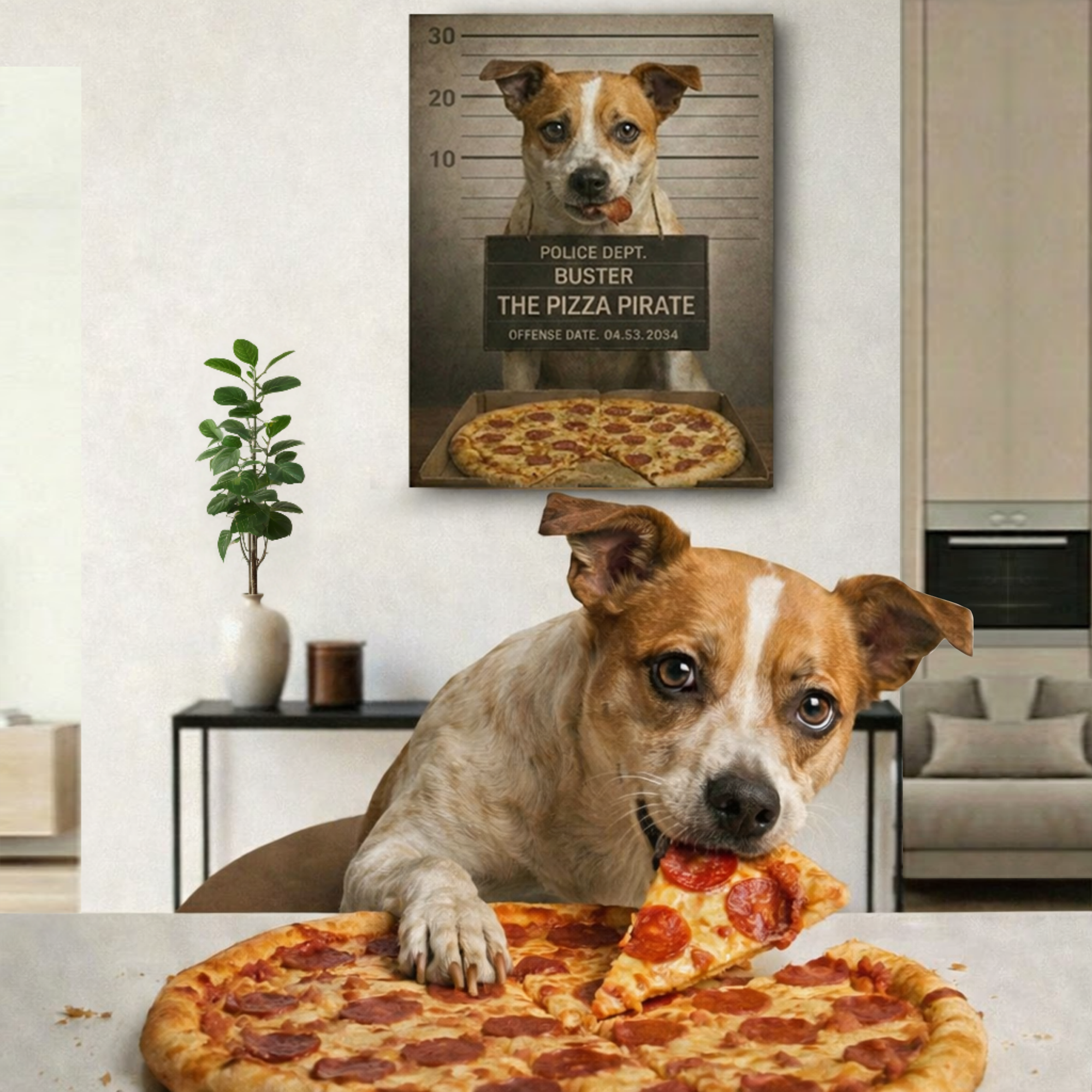 Personalized Dog Canvas Wall Art 30 x 40 cm “Pets Got Busted: Pizza Pirate” Pet Portrait