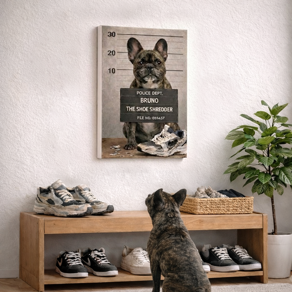 Personalized Dog Canvas Wall Art 30 x 40 cm “Pets Got Busted: Shoe Shredder” Pet Portrait