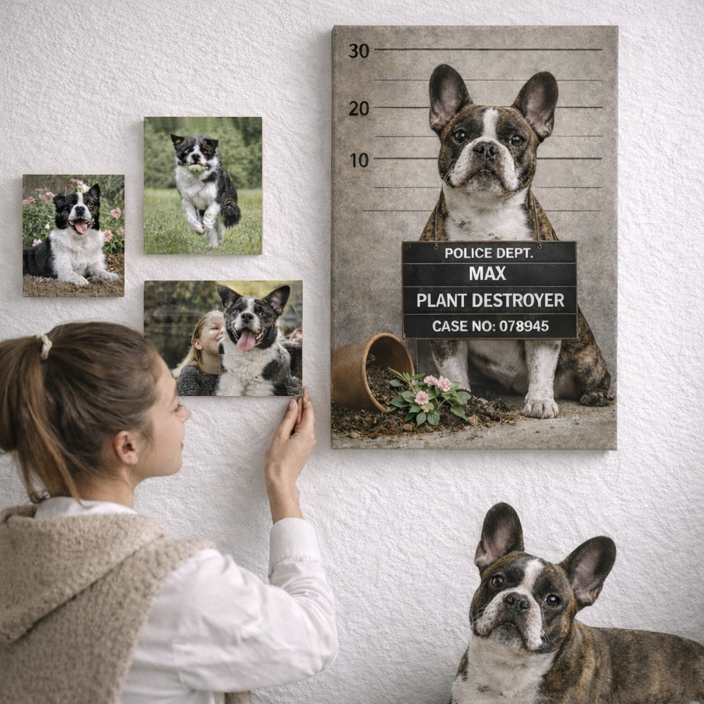 Personalized Dog Canvas Wall Art 30 x 40 cm “Pets Got Busted: Plant Destroyer” Pet Portrait
