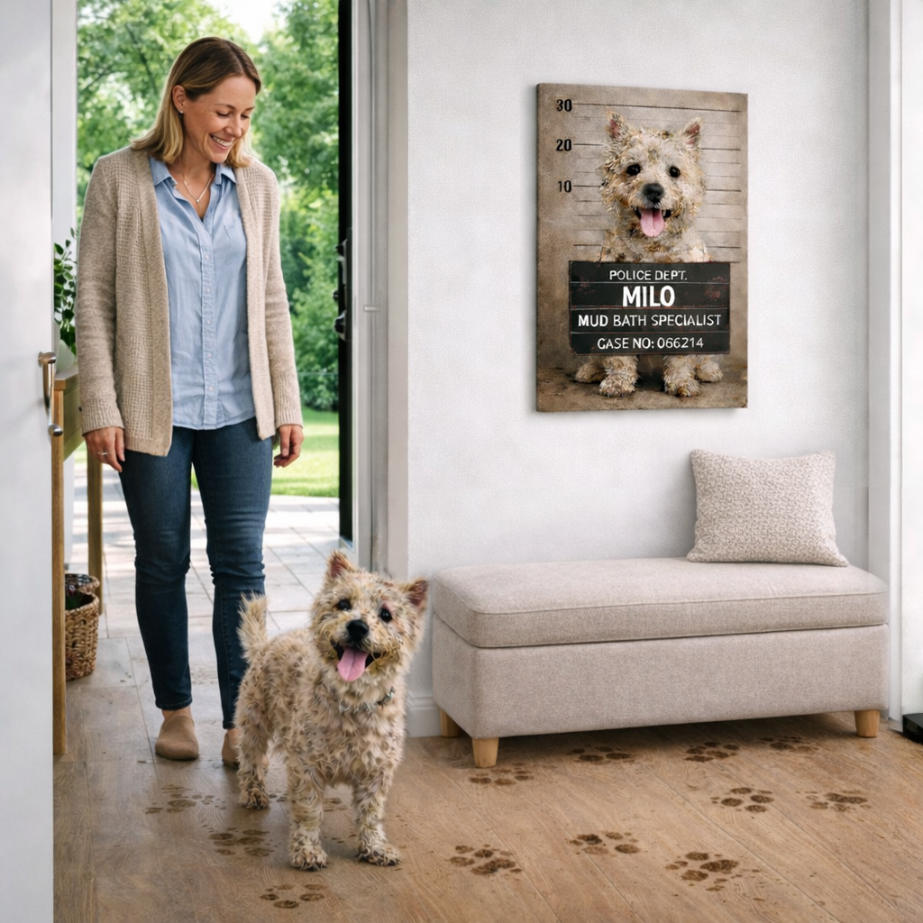 Personalized Dog Canvas Wall Art 30 x 40 cm “Pets Got Busted: Mud Bath Specislist” Pet Portrait