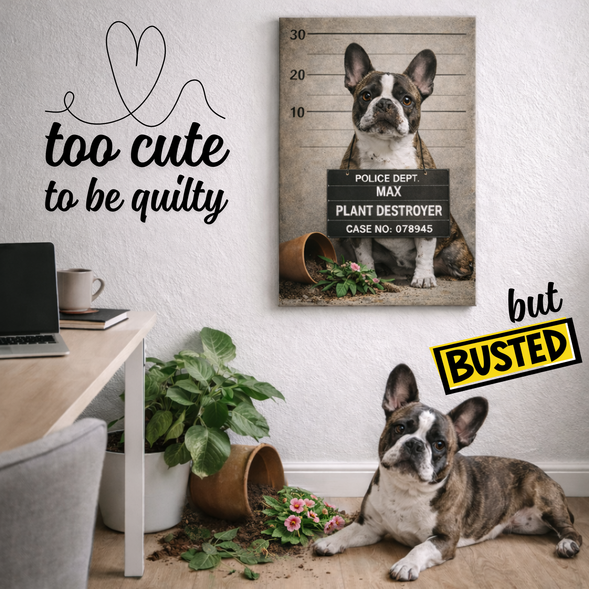 Personalized Dog Canvas Wall Art 30 x 40 cm “Pets Got Busted: Plant Destroyer” Pet Portrait